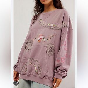 Free People Grams Attic Embroidered Vintage Crochet Sweatshirt Pullover Top